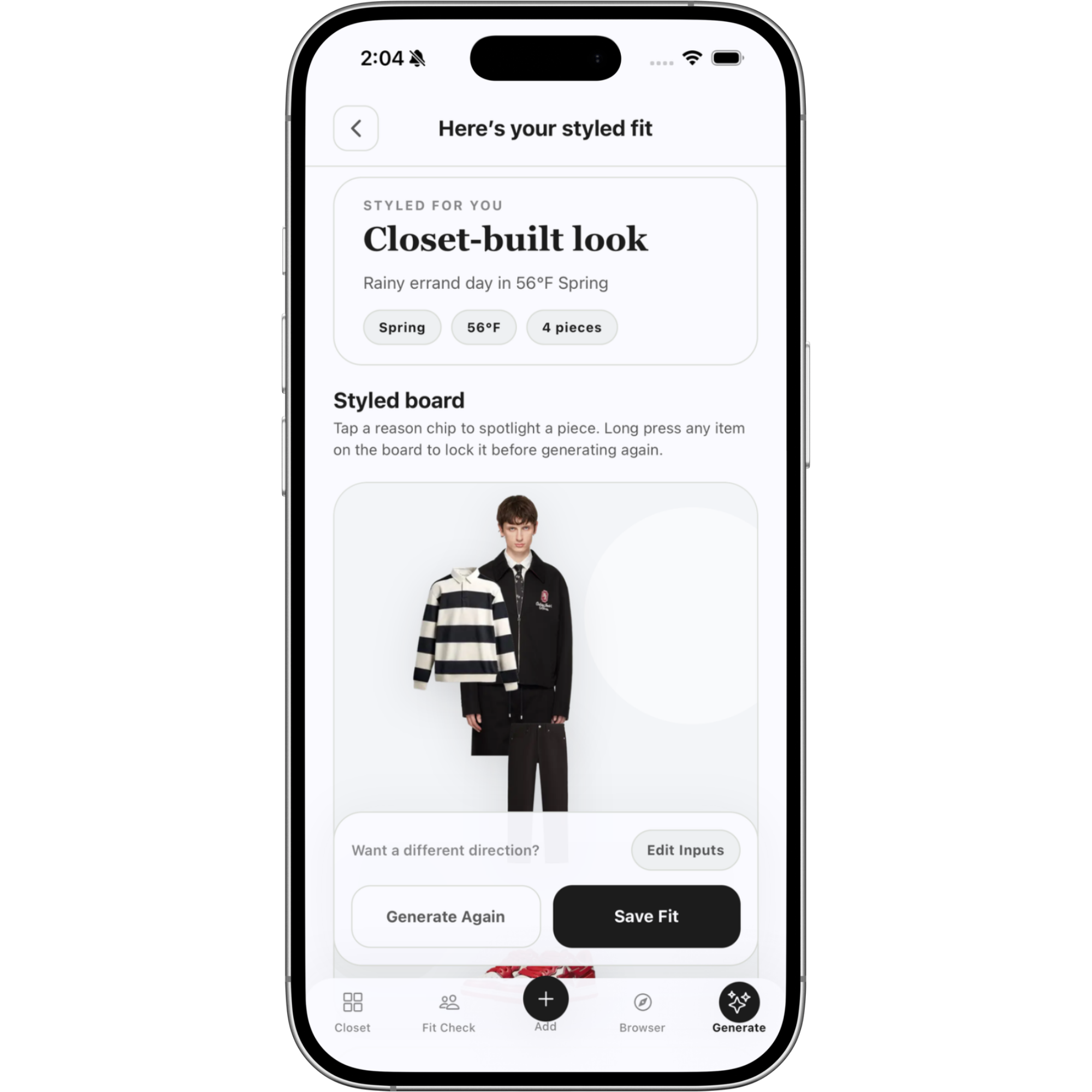 Klozu styled fit result screen with generated outfit board and save actions.